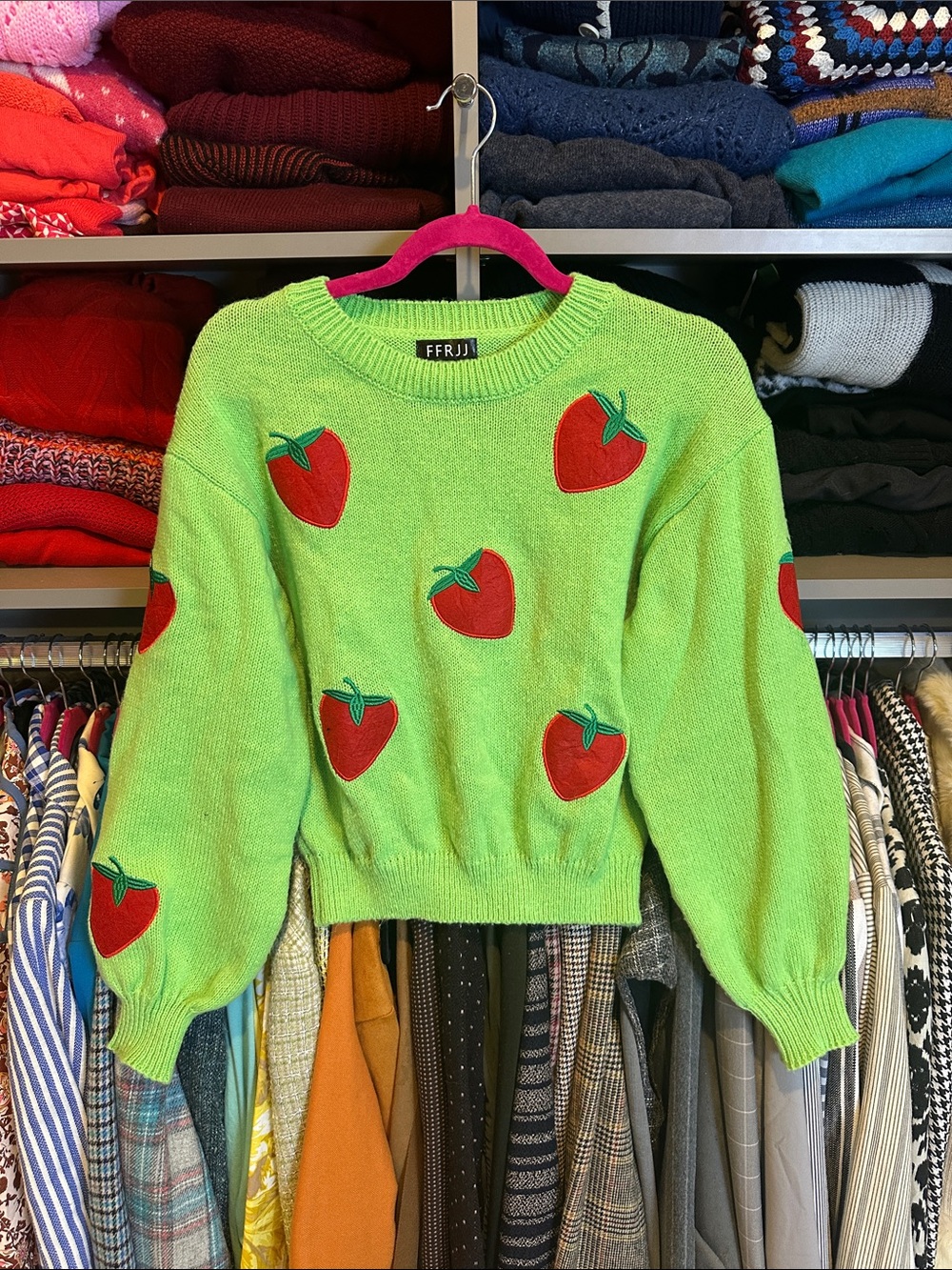 FFRJJ green/red strawberry long sleeve crew neck oversized sweater size M